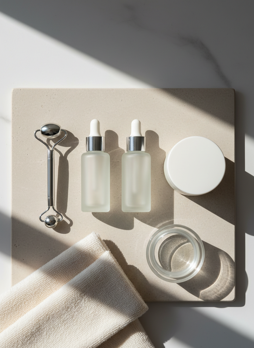 A neatly arranged flat lay of high-end skincare products displayed on a smooth, light beige stone surface. Frosted glass serum bottles, a matte white moisturizer jar, and a sleek silver-toned facial roller are spaced with precise symmetry. A folded, cream-colored towel and a small clear glass bowl with water add subtle texture. Soft, diffused daylight from the left creates gentle highlights on the glass and metal, casting clean, understated shadows. The background is slightly out of focus, maintaining a neutral, professional palette. Shot from a bird’s-eye view with balanced composition and photographic realism, the mood is calm, clinical, and trustworthy, perfectly suited for a beauty and wellness blog homepage hero image.