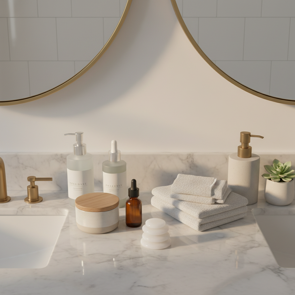 an elegantly organized bathroom counter with skincare and beauty products, soft lighting, and clean aesthetics